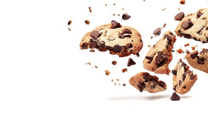 Fototapeta premium Flying Broken Chocolate Chip Cookie on White Background