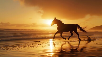 A majestic horse runs freely along the beach at sunset, creating a breathtaking and serene natural scene with the glowing sunlight and waves.