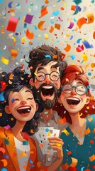 Obraz premium Three cheerful friends celebrating with colorful confetti and laughter while holding playing cards in a vibrant party atmosphere.