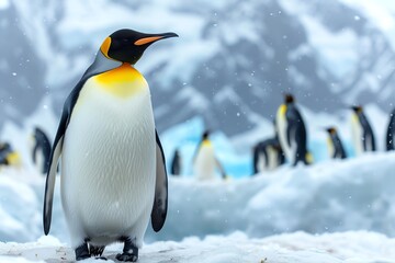 Fototapeta premium Close-up of a group of penguins standing on snowy terrain with a mountainous backdrop, capturing the serene beauty of their icy habitat.