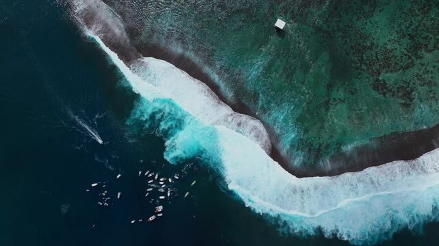 Teahupoo Tahiti aerial drone surf contest birdseye view perspective French Polynesia boats surf wave  2024 surf judge tower Pacific Ocean coral reef Channel Point Faremahora Pass Havae up static shot