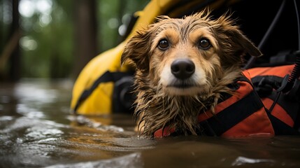 A rescue dog in a life jacket navigates through floodwaters, ready to assist in search and rescue operations.