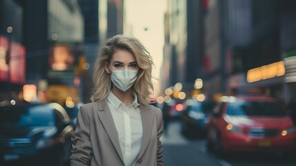 Obraz premium Businesswoman wearing a mask in a bustling city street.