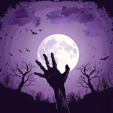 Halloween background with zombie hand reaching out from the ground, full moon and dead trees vector illustration design on purple color, halloween concept art.