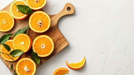 Fresh orange slices on wooden chopping board with empty space white background