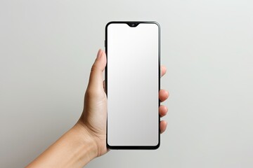 Smartphone mockup on hand with white blank screen created with Generative AI