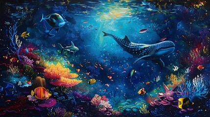 a mesmerizing painting of deep sea life underwater, featuring colorful fish, corals, and mysterious creatures in their natural habitat.