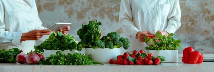 Hispanic Female Nutritionist Consulting With Senior Couple in Modern Kitchen, Discussing Health Foods