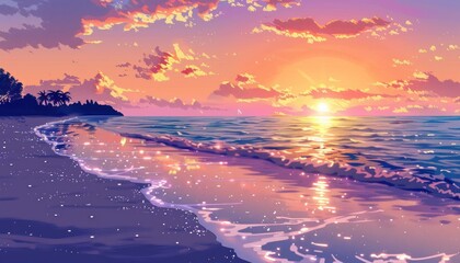 Fototapeta premium A serene sunset beach with warm hues of orange, pink, and purple, a glowing horizon, and a calm sea mirroring the sky, creating a tranquil and reflective mood 4. Generative AI