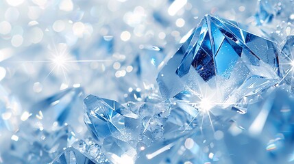 an elegant background with blue and white crystals, showcasing intricate patterns and shimmering reflections.
