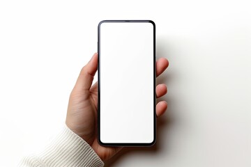 Smartphone mockup on hand with white blank screen created with Generative AI