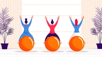 Fototapeta premium Three women doing exercise on fitness balls in office.