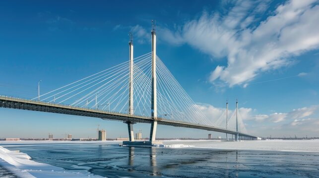 Cable-Stayed Bridge Over a Frozen River