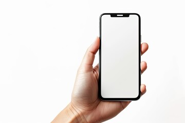 Smartphone mockup on hand with white blank screen created with Generative AI
