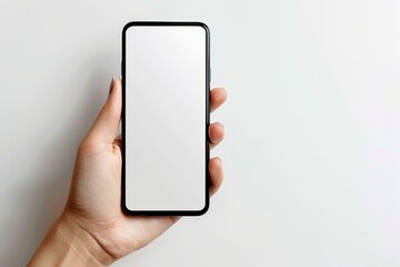 Smartphone mockup on hand with white blank screen created with Generative AI