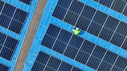 engineer man inspects construction of solar cell panel or photovoltaic cell by electronic device....