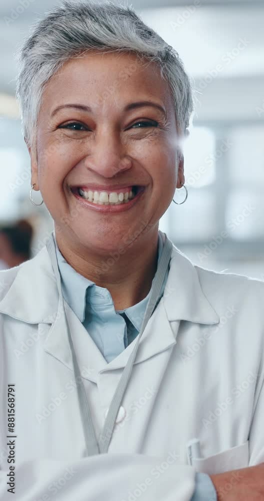 Wall mural face, doctor and woman with arms crossed, smile and healthcare with confidence in clinic. portrait, 