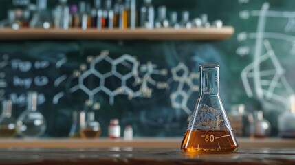 flask with chemistry formula background