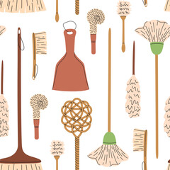 Seamless pattern of eco-friendly cleaning products. Mops and brushes. Organic natural ecological cleaners, soap, brushes. Green housework stuff, clean home supplies. Flat graphic vector illustration