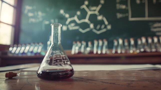 flask with chemistry formula background