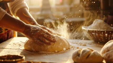 Baker Kneading Dough with Flour Dust