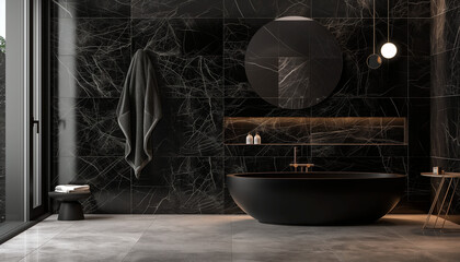 Modern Elegance: Nero Marquina Marble Bathroom - Vanity Top and Wall Cladding, Sleek Fixtures - Perfect for Contemporary Homes