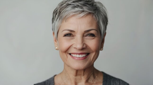 Portrait of beautiful white caucasian senior woman short pixie hair cut in front of white studio background