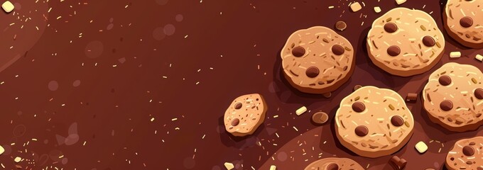 Obraz premium National cookie day banner with cookies and text National Chocolate Chip Cookie Day on a brown background, web page template for an e-commerce store or online shop