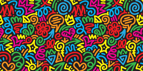 fun colorful line doodle seamless pattern. Creative abstract art background collection for children or festive celebration design. Simple childish scribble wallpaper print texture bundle. © Riana