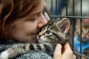 Young Woman Holding a Tabby Kitten at an Animal Shelter