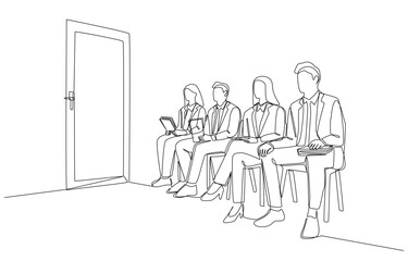Continuous one line drawing of job applicants waiting outside interview room, job interview concept, single line art.