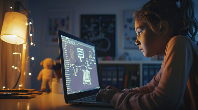 A teenger student engages in remote learning at home sitting at night