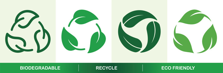 Fototapeta premium Set of green leaf recycle and biodegradable icons, vector