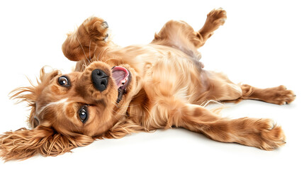 An adorable brown English cocker spaniel dog is posing playful lying down, showcasing its cheerful and playful personality on a white background