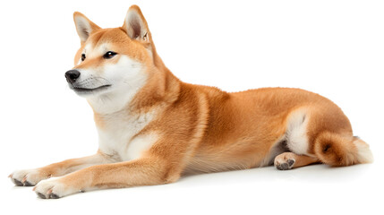An adorable side view of Shiba Inu dog is posing happily lying down, showcasing its cheerful and playful personality on a white background 柴犬