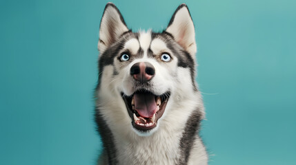 Obraz premium A close-up of a cute Siberian husky dog with expressive eyes and curious expression highlights its playful nature on a turquoise background シベリアンハスキー