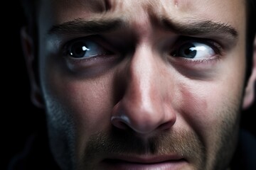 Intense facial expression of a person with dark eyes and a beard