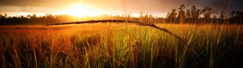 Obraz premium golden hour landscape with tall grass and trees