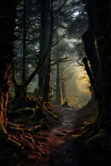 Obraz premium Enchanted forest path through dark woods with glowing light