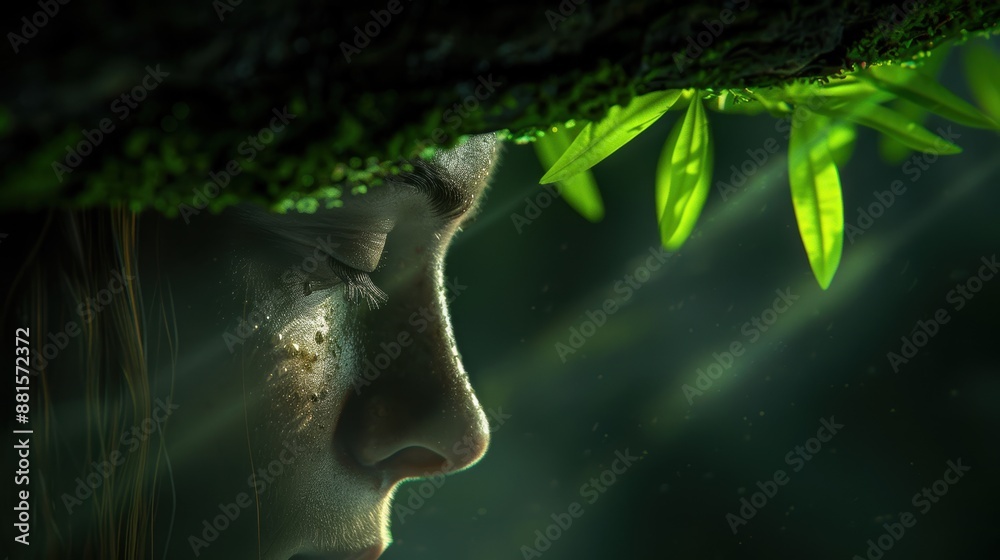 Poster close-up of a person's face in a lush, green forest