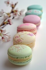 Obraz premium Colorful french macarons with floral designs