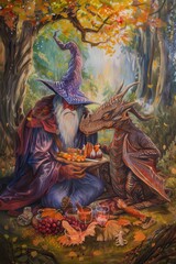 Magical Encounter: Wizard and Dragon Enjoying a Picnic in Enchanted Forest