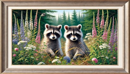 Fototapeta premium Two raccoons peeking through tall wildflowers in a natural setting.