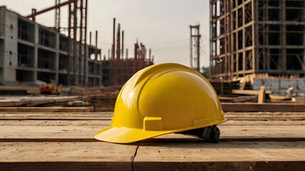 Yellow safety helmet. Industrial protective gear on wooden table. Construction Safety with Helmet Placement. Ai generative