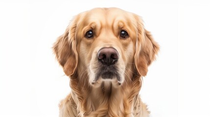 A close-up headshot of a Golden Retriever on a white background, showcasing its expressive eyes, dog, fluffy fur, friendly, cute, mans best friend