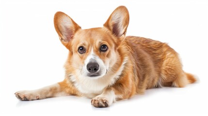 A close-up headshot of a Pembroke Welsh_Corgi on a white background, showcasing its expressive eyes, dog, fluffy fur, friendly, cute, mans best friend