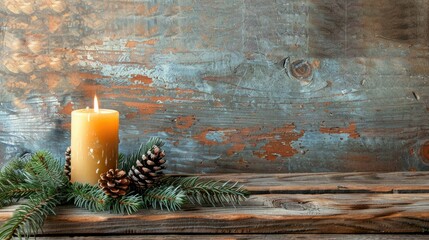 Rustic Christmas decor with burning candle and fir branches space for text