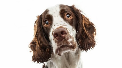 A close-up headshot of a English Springer_Spaniel on a white background, showcasing its expressive eyes, dog, fluffy fur, friendly, cute, mans best friend