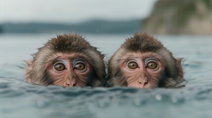 Fototapeta premium two curious snow monkeys in hot spring