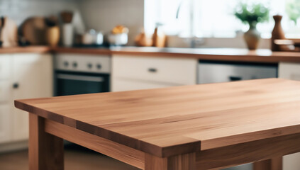 Wooden table on blurred kitchen bench background. Empty wooden table and blurred kitchen background